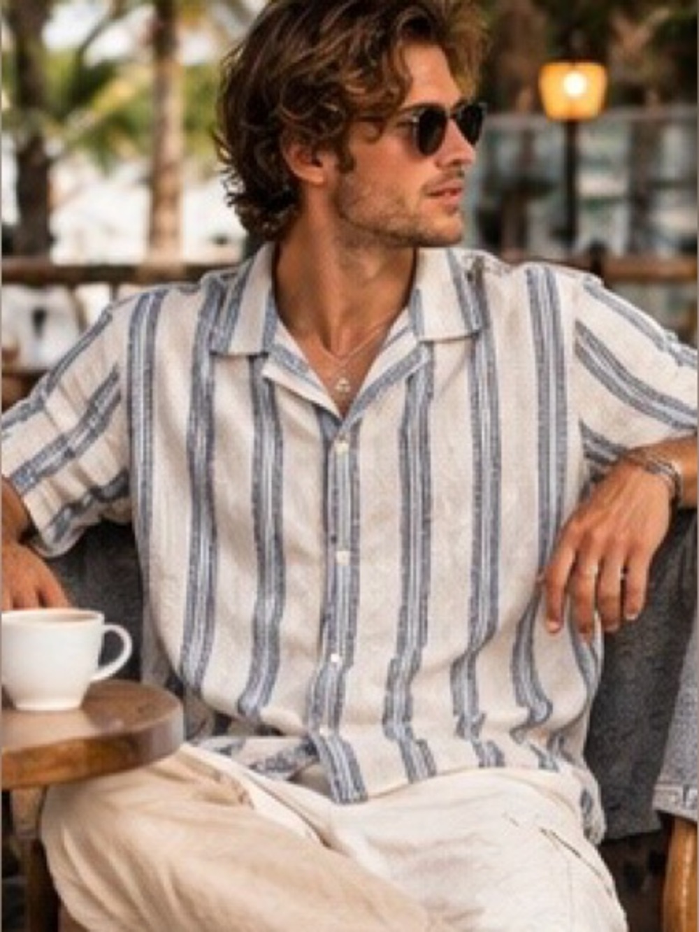 Denim & Flower - Men's Short Sleeve Stripe Button-Up Shirt - Blue & Cream